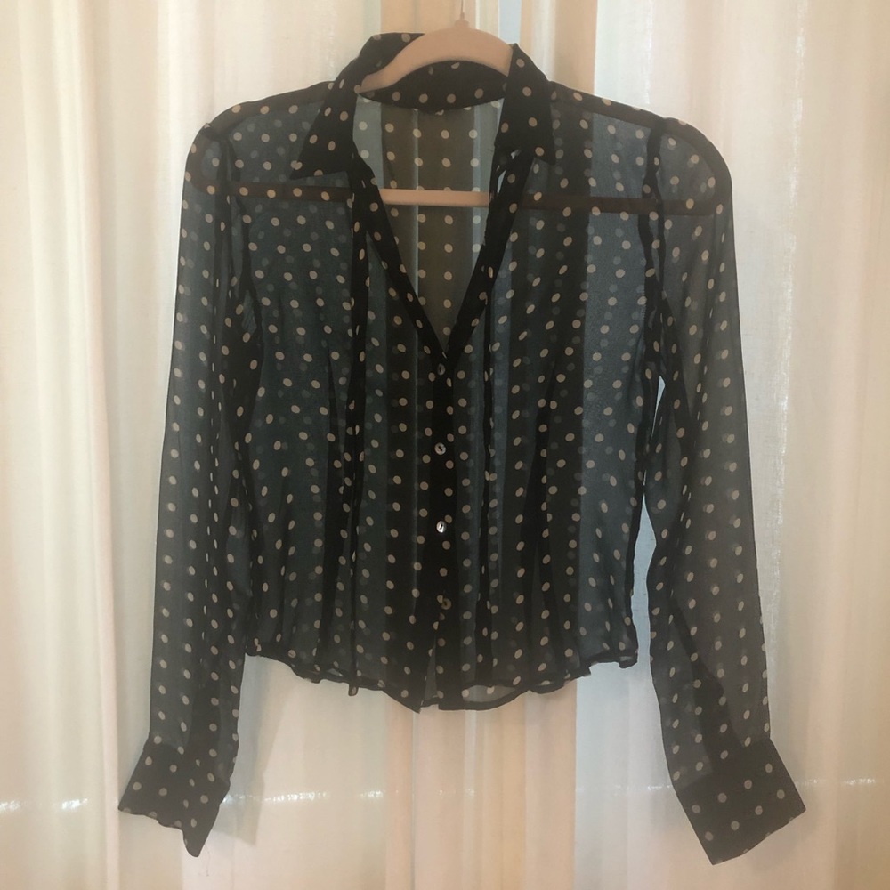 Sheer black polka dot button up blouse with collar and tie
